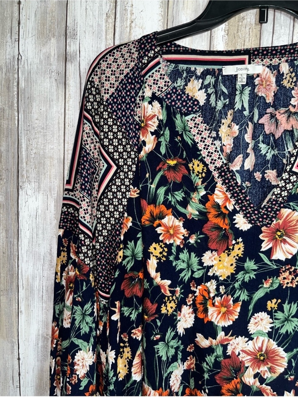 Jodifl Navy Floral Boho Peasant Blouse Long Sleeve Lightweight Top Size L - Picture 3 of 6